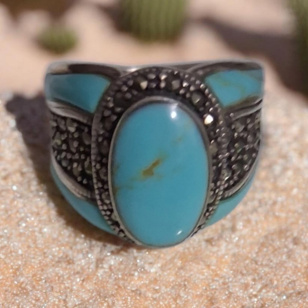 TURQUOISE AND MARQUESITE RING 925 STERLING SILVER SIZE 6 3/4